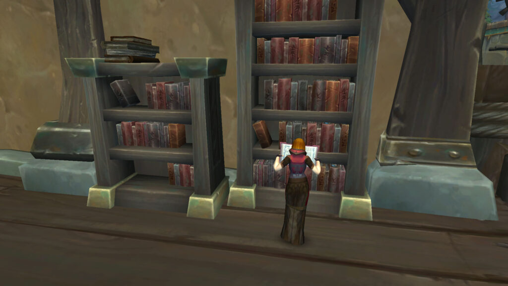 WoW human reads a book near the bookcase